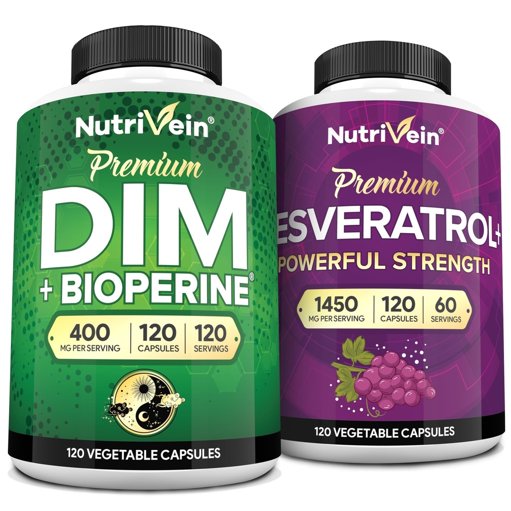 Nutrivein Premium Resveratrol Κάψουλες και DIM συμπλήρωμα Δέσμη: Υψηλής απορρόφησης Resveratrol συμπλήρωμα και DIM για την ανάκτηση, ισορροπία, και ζωτικότητα