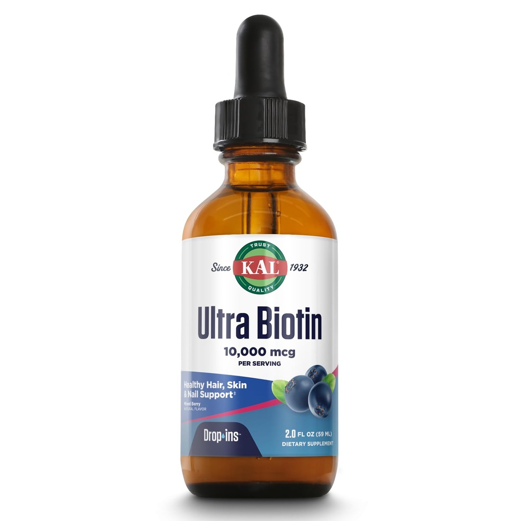 KAL Ultra Biotin 10000mcg DropIns, σταγόνες υγρής βιοτίνης, συμπλήρωμα ανάπτυξης μαλλιών, υψηλής ισχύος βιταμίνη B7, υγιή μαλλιά, δέρμα, νύχια και την υποστήριξη της ενέργειας, φυσικό μικτή γεύση μούρου, περίπου 59 Serv, 2oz