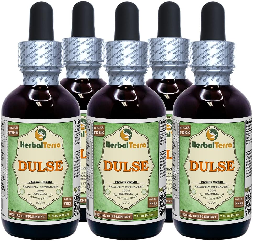 Dulse (Palmaria Palmata) Glycerite, Organic Dried Leaves Alcohol-Free Liquid Extract (Brand Name: HerbalTerra, Proudly Made in USA) 5x2 fl.oz (5x60 ml)