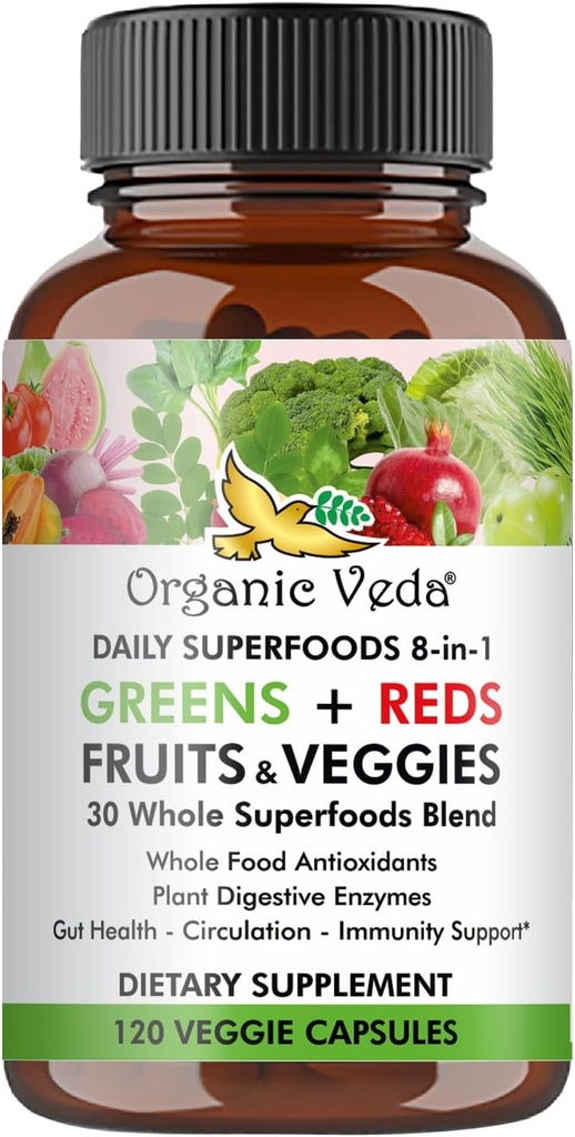 Βιολογικά Veda Super Greens Reds Κάψουλες Veggies - 8 σε 1 Καθημερινή 30 Πλήρης Βιολογικά Superfoods Συμπλήρωμα Φρούτων & Λαχανικών - Papaya Enzymes, Spirulina, Chlorella, Moringa, Beet, Turmeric - 120 Vegan