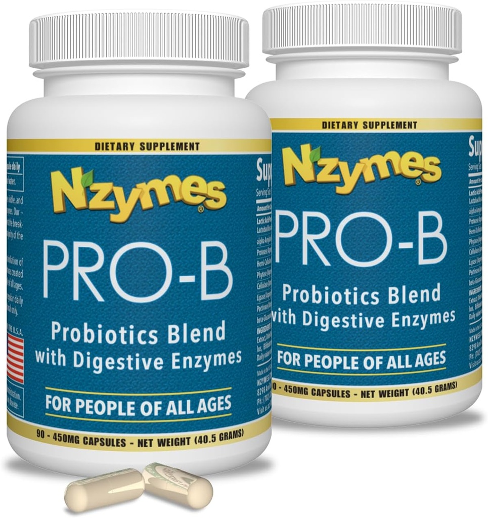 Nzymes® Pro-B Probiotics and Digestive Enzymes for Digestive Balance, Better Digestion, Indigetion, and Constipation (180 Total Caplets) - Κατασκευασμένο στις ΗΠΑ