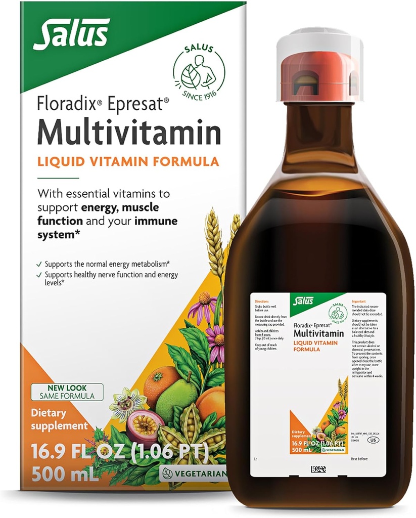 Floradix Epresat Ενηλίκων Υγρή Πολυβιταμίνη - Συμπλήρωμα βοτάνων - Καθημερινή Συμπλήρωμα με Βιταμίνη Α, D, B6, Γαϊδουράγκαθο Γάλα & Περισσότερα - Υποστηρίζει την Ενέργεια & Ηπατική Υγεία - Χορτοφαγική, Μη ΓΤΟ - 16.9 fl oz