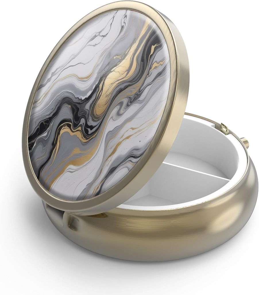 Κουτί χαπιών θήκη με καθρέφτη Retro 3 Διαμέρισμα μικρή θήκη χαπιών για το πορτοφόλι ή την τσέπη Χάλκινο μικρό κουτί ρόδων ή βιταμίνες, ιχθυέλαιο, συμπληρώματα, χάπια Containe ταξιδιωτικά δώρα (μαύρο χρυσό μάρμαρο)