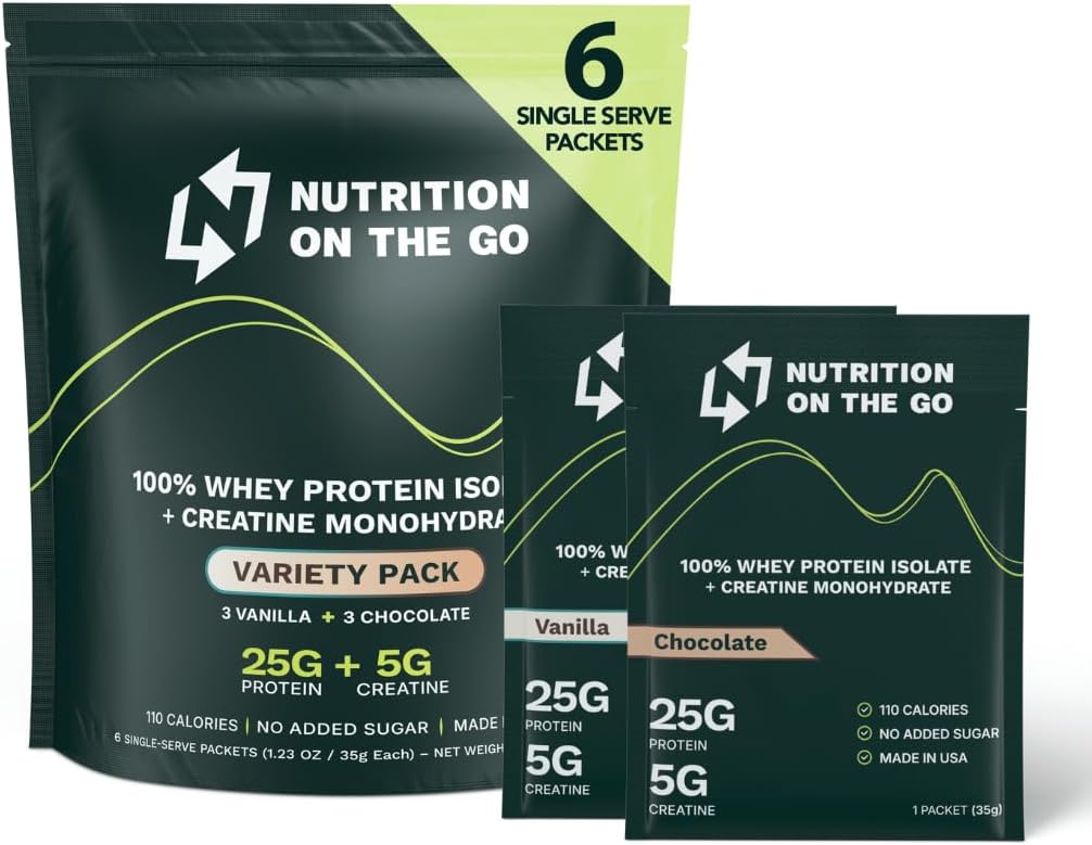 Διατροφή On The Go Whey Protein Isolate Packets με Creatine – 25g Πρωτεΐνη + 5g Createine – Single-Serve Travel Protein Powder - Variety Pack (Vanilla & Chocolate) (6-Pack)