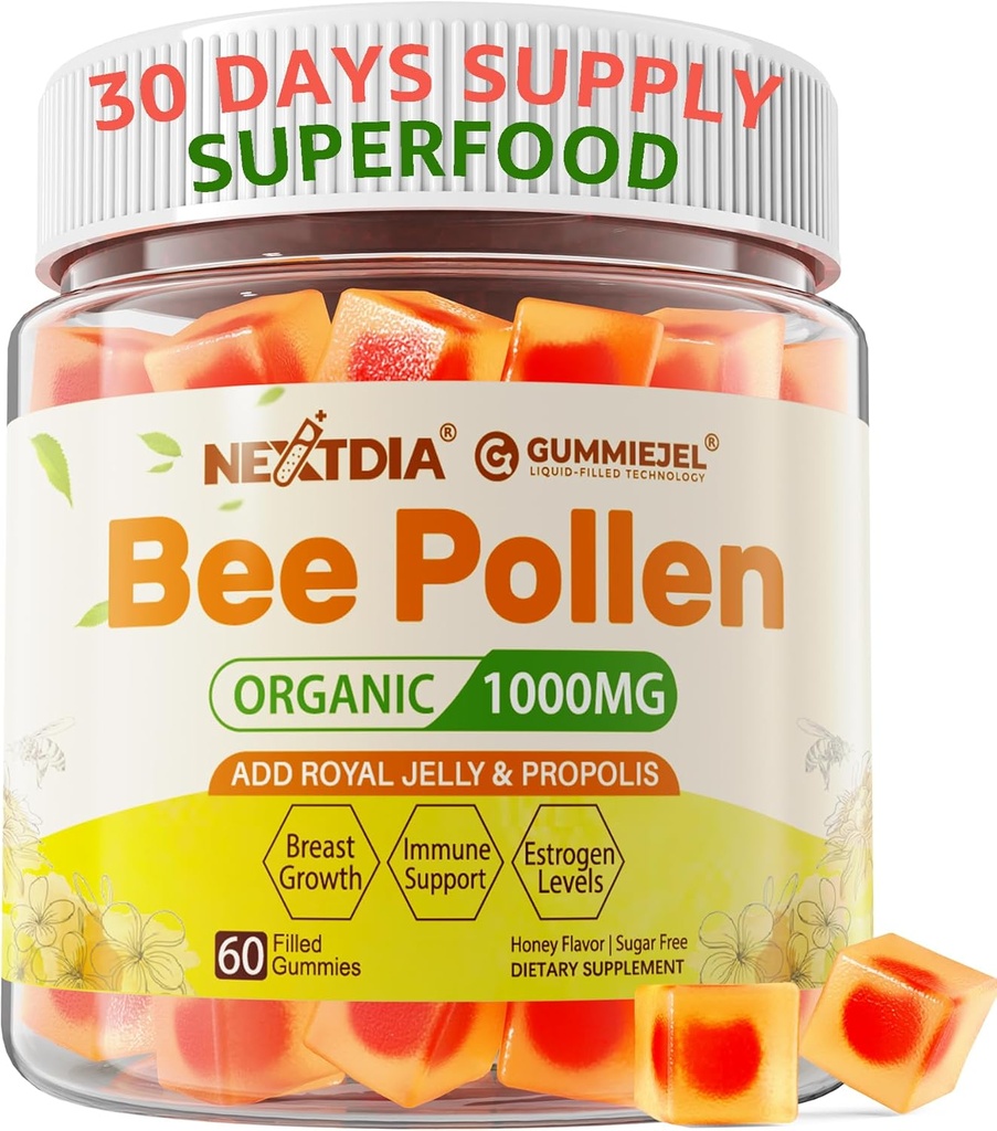 Bee Pollen Organic 1000mg, w/Propolis, Royal Jelly, Sugar Free Bee Pollen Gummies Πλούσια σε B-Vitamin, Αντιοξειδωτικά, Αμινοξέα, Bee Pollen συμπλήρωμα για την ενέργεια, το δέρμα & ανοσοποιητικό (1 πακέτο)