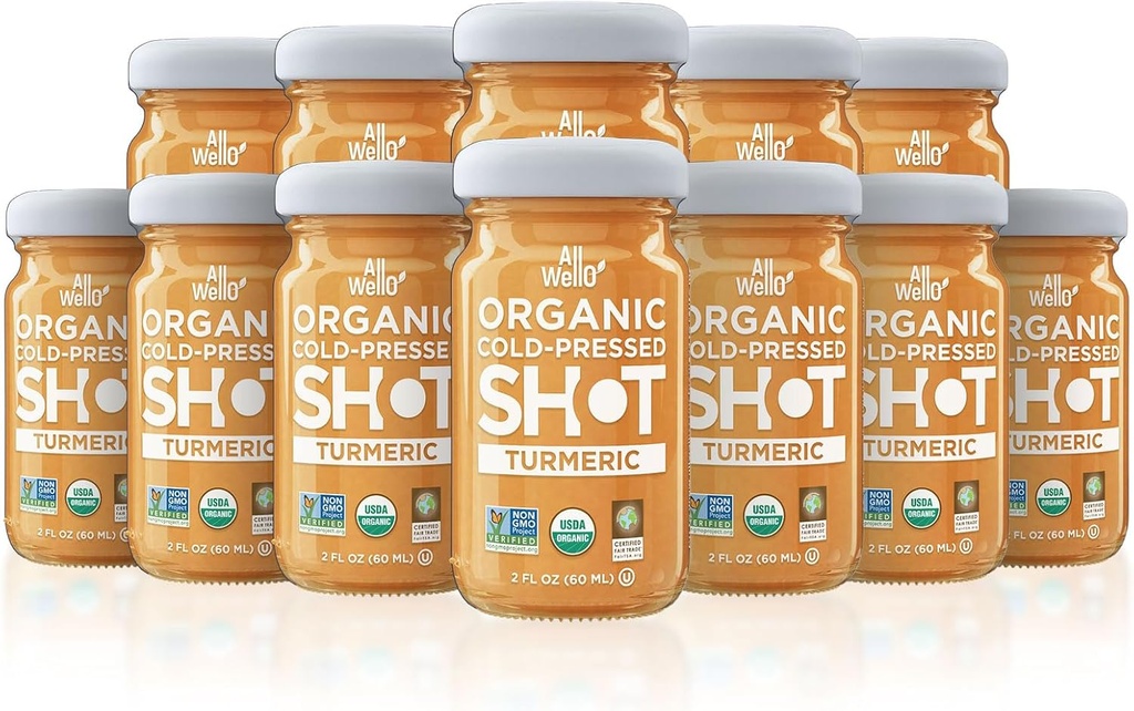 ALLWELLO ψυχρής πίεσης Turmeric Shot, 60 mL, USDA οργανικό ανοσοενισχυτικό με Natu-RAL (12 PK, Turmeric)