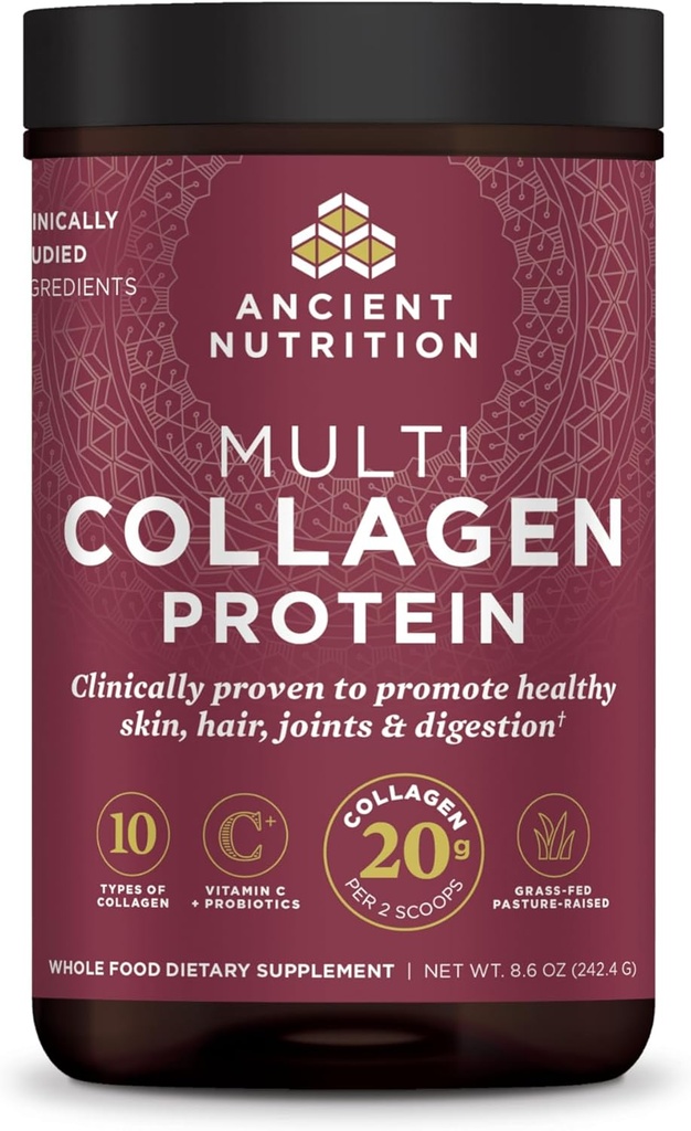 Ancient Nutrition Hydrolyzed Collagen Peptides Powder, Άγευστα Multi Collagen Powder Packets για γυναίκες και άνδρες με βιταμίνη C, 24 σέρβις, υποστηρίζει το δέρμα και τα νύχια, Gut Health