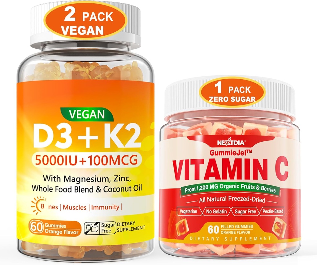 2 Συσκευασία Vegan Βιταμίνη D3 5000IU K2 Gummies+ 1 Συσκευασία πλήρους διατροφής Βιταμίνη C Gummies