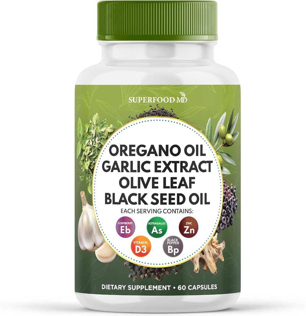 Superfood MD Oregano Oil Σκόρδο εκχύλισμα Olive Leaf Black Seed Oil Astragalus - για γυναίκες και άνδρες- 60 Count