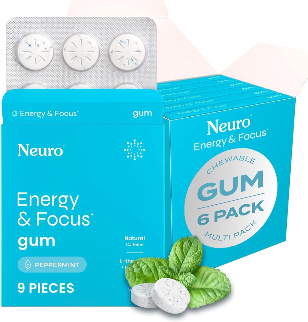 NeuroGum Energy & Focus Gum (54 Count-6 Pack, Peppermint) | 40mg Natural Caffeine + L-Theanine + Vitamin B12 & B6 + Xylitol | Sugar Free Nootropic Cognitive Brain Performance Supplement
