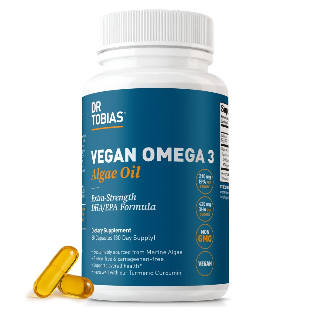 Dr. Tobias Vegan Omega 3 συμπλήρωμα, 1400mg Algae Oil, 420mg DHA, και 210mg EPA ανά υπηρεσία, μη ΓΤΟ, Γλουτένη-ελεύθερο, Carragenan-ελεύθερο, 60 κάψουλες, 30 εξυπηρετούν