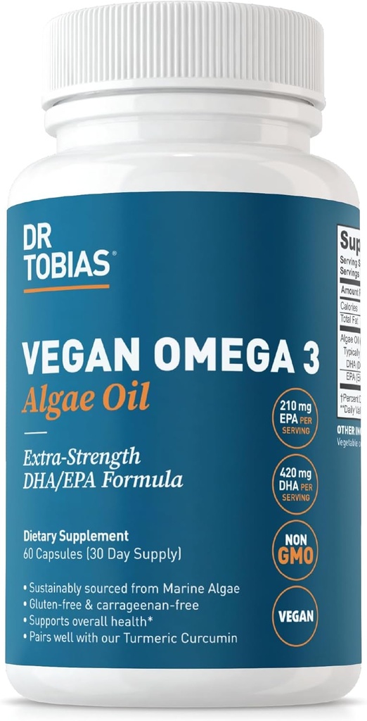 Dr. Tobias Vegan Omega 3 συμπλήρωμα, 1400mg Algae Oil, 420mg DHA, και 210mg EPA ανά υπηρεσία, μη ΓΤΟ, Γλουτένη-ελεύθερο, Carragenan-ελεύθερο, 60 κάψουλες, 30 εξυπηρετούν