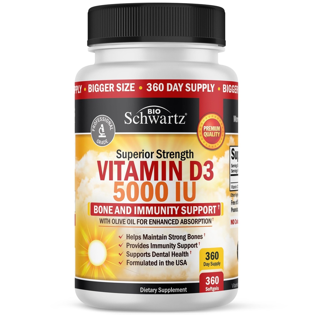 Vitamin D3 5000 IU (125 mcg) Natural Immune Support Supplement, Bone Strength, Healthy Muscle Function, with Olive Oil for Highest Absorption, Gluten Free & Non-GMO, 1 Year Supply, 360 Softgels