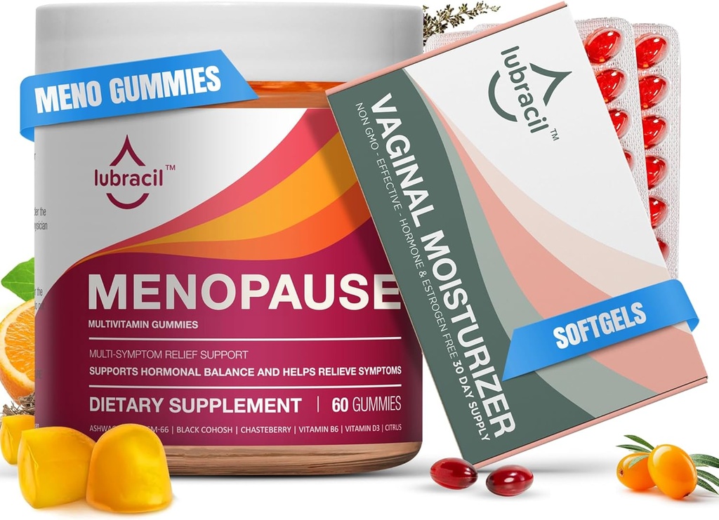 Lubracil Εμμηνόπαυση Gummies & Daily Moisturizer Bundle – Hormone-free Υποστήριξη για Hot Flashs, Νυχτερινές Ιδρώσεις, Κολπική ξηρότητα, και Itchiness με Black Cohosh, Ashwagandha, Omega Oils & Sea Buckthorn