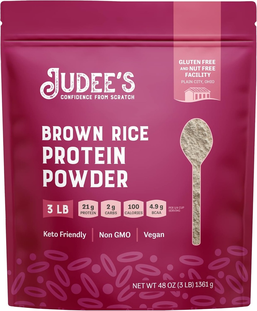 Jude's Gluten's Free Brown Rice Protein Powder - Spruted Rice Formula - Keto-Friendly Plant-based Nutrition - Dairy & Soy-Free Shake Base - 3 lb, Unflaved, Pack of 1