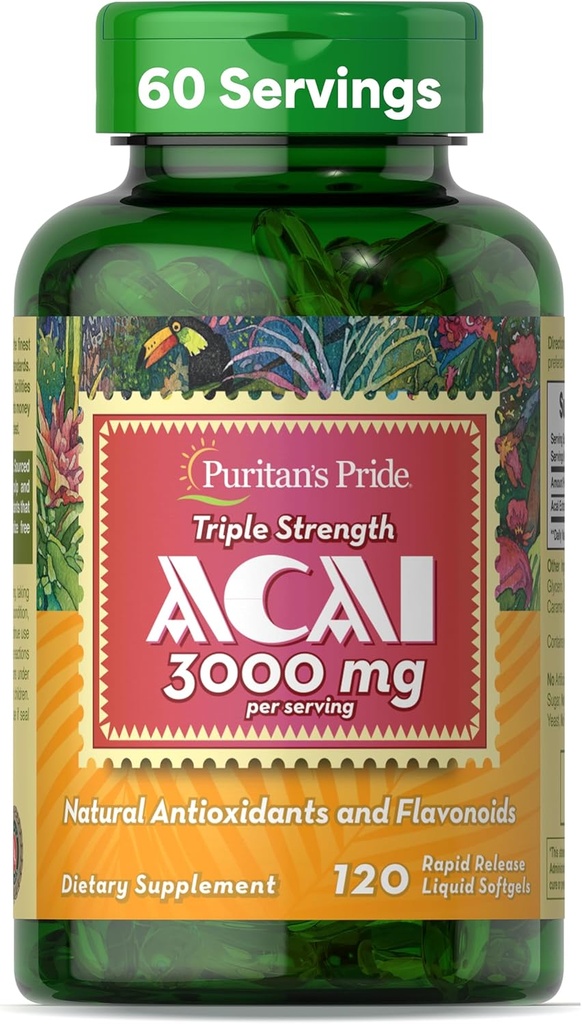 Puritan's Pride Triple Strength Acai 150 MG (3000 mg Equivalent) with Antioxidant Properties and Flavonoids, 2 Month Supply, 120 Rapid Release Liquid Softgels