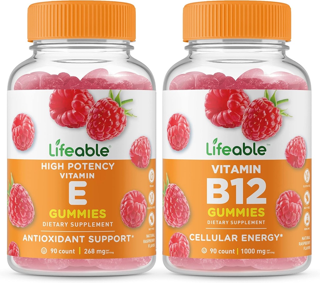 Ζωηρή βιταμίνη Ε + Βιταμίνη Β12, Gummies Bundle - Μεγάλη γεύση, συμπλήρωμα βιταμίνης, χωρίς γλουτένη, χωρίς ΓΤΟ, Μασώμενη Gummy