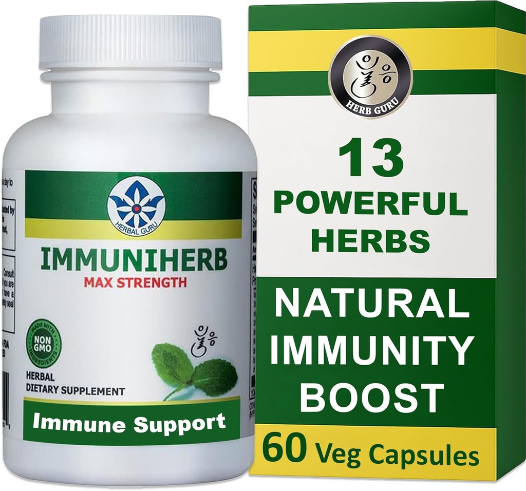Immuniherb Immuniherb Immune Support Supplement – Συμπλήρωμα ανοσίας με τζίντζερ, Φορσύθια, Ρίζα γλυκόριζας, Βιταμίνη C & Ψευδάργυρο – Φυσικό ανοσοενισχυτικό για την καθημερινή υποστήριξη, Μη ΓΤΟ – Κάψουλες 60 Veg