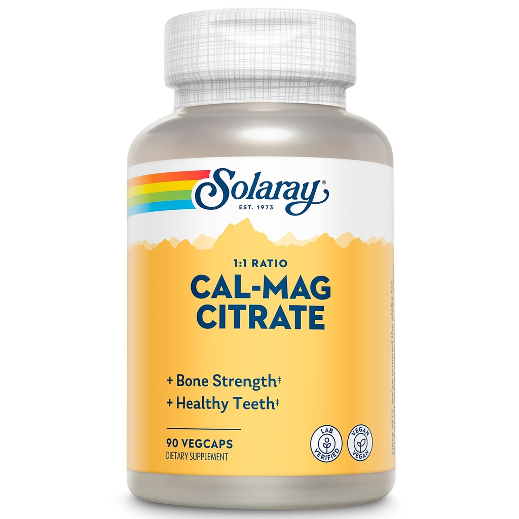 Solaray Μαγνήσιο Ασβέστιο Κιτρικό 1000mg 1:1 Λόγος, Συμπληρώματα Οστικής Δύναμης, Μυϊκό, Νευρικό Σύστημα και Υποστήριξη για την Υγεία των Οστών, Χηλική για Υψηλή Απορρόφηση, Απαλή Πέψη, 15 Υπηρεσίες, 90 VegCaps