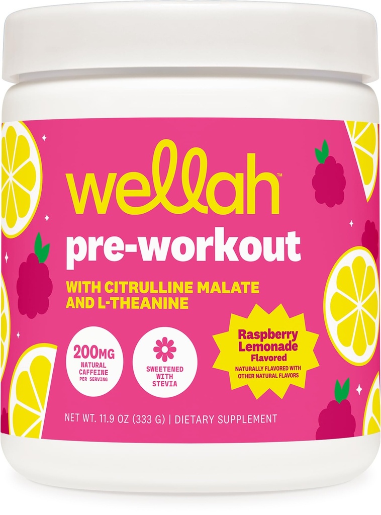 Wellah Pre-Workout Drink Mix (Raspberry Lemonade Flavored, 30 Servings) - with Citrulline Malate and L-Theanine, 200mg of Natural Caffeine & 1000mg of Beta-Alanine