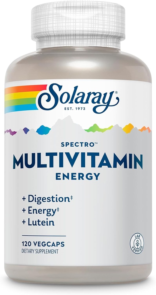 SOLARAY Spectro Energy Multivitamin for Women and Men - Κυτταρική Ενέργεια, Διέγερση, Υγεία των ματιών και Ανοσολογική Υποστήριξη - w/Vitamin A, Vitamin B Complex, CoQ10, Σίδηρος, Ένζυμα, Λουτεΐνη - 30 Serv, 120 VegCaps