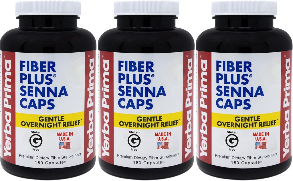 Yerba Prima Fiber Plus Senna Capsules, 180 Count (Pack of 3) - 118 Servings of Gentle Overnight Relief, USA Made, Non-GMO, for Short-Term Use to Restore Regularity
