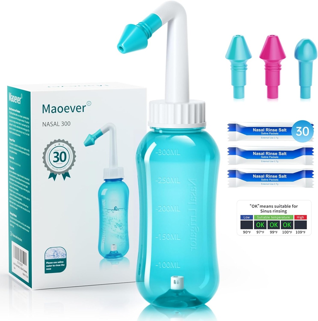 Neti Pot Sinus Rinse Bottle Nose Wash Cleaner Pressure Rinse Nasal Irrigation for Adult & Kid BPA Free 300 ML with 30 Nasal Wash Salt Packets and Sticker Thermometer