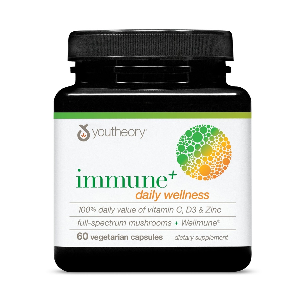 Youtheory Immune+ Daily Wellness - Συμπλήρωμα υποστήριξης για χορτοφάγους με βιταμίνη C, βιταμίνη D3 και ψευδάργυρο* - Συμπλήρωμα μανιταριών με ουρά Τουρκίας, κορδύποδες & Reishi - 60 Καπάκια χορτοφαγικής