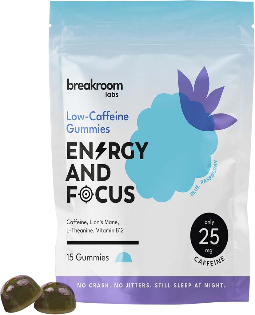 Breakroom Labs Energy and Focus Gummies – Χαμηλή καφεΐνη 25mg w/L-Theanine, Lions Mane, Βιταμίνη B12 – Nootropic Brain Supplement for Adults, Kids - Vegan, Low Sugar, Blue Raspberry Flavor, 15 Servings