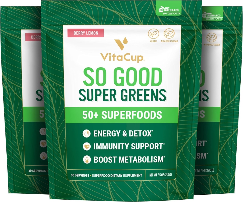 VitaCup Super Greens Σκόνη Smoothie & Juice Mix w/ 50+ Premium Superfoods, Digestive Health, Bloating Relief, Detox, Gut Health w/Probiotics, Αντιοξειδωτικά, Berry Lemon, 30 Μερίδες Καθένα, 3 Τσάντες