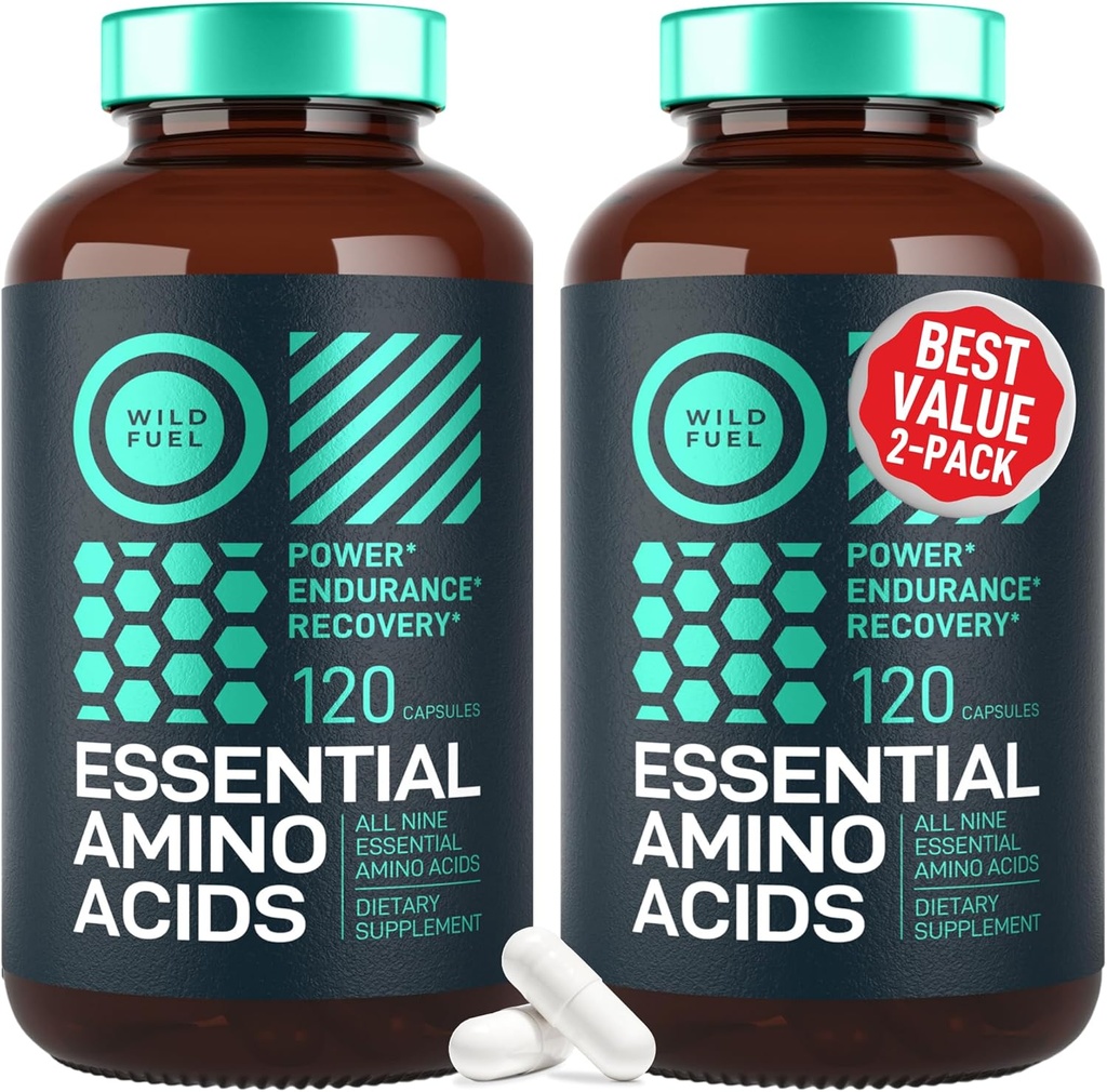 WILD FUEL Essential Amino Acids Supplement for Women and Men - All 9 BCAAs Amino Acid Complex for Power and Recovery - EAA Lysine, Tryptophan, Isoleucine - 2 Pack 240 Vegan BCAA Κάψουλες