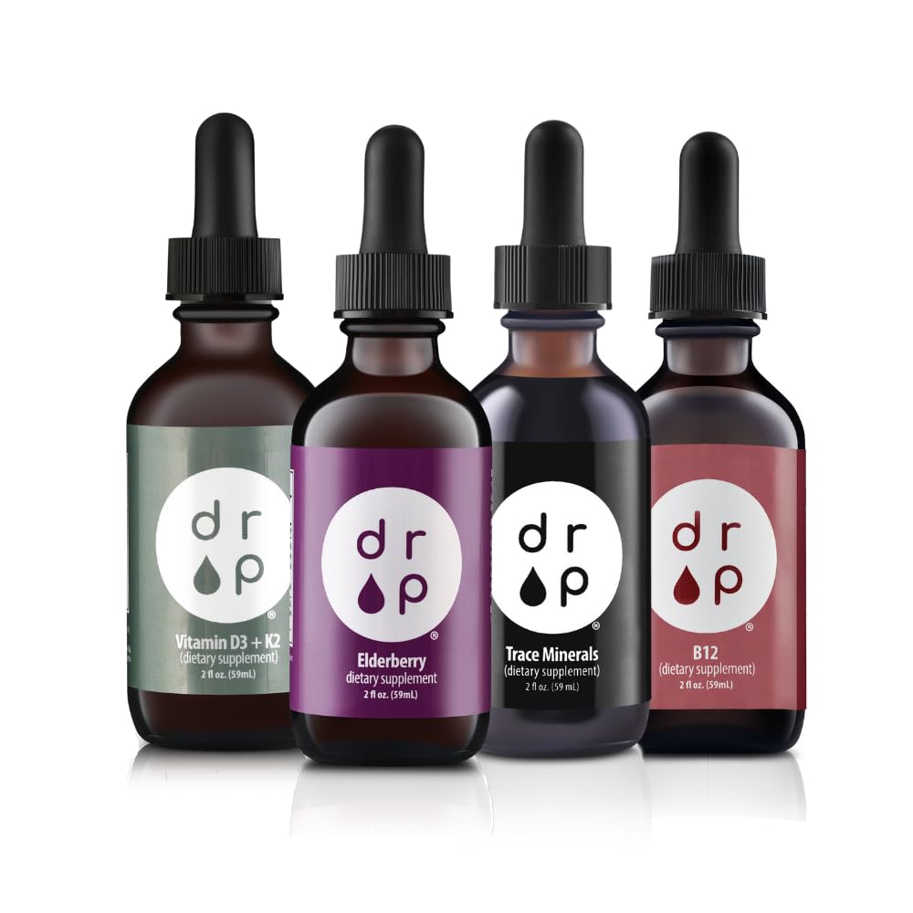 Drop Supplements Organic Trace Minerals, Elderberry, Vitamin B12 and Vitamin D3+K2 Drops Bundle