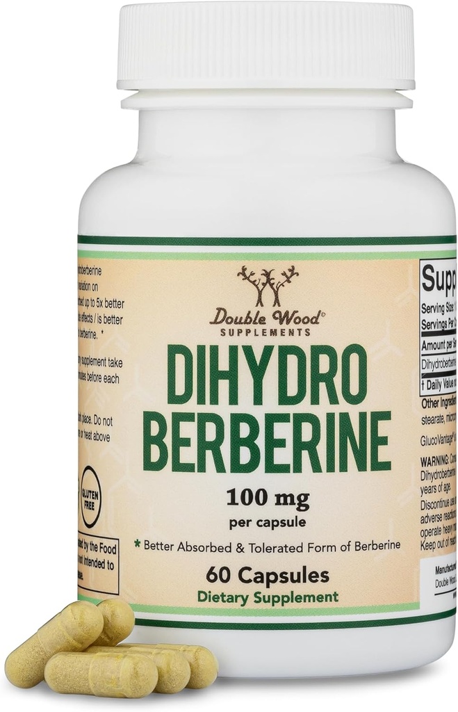 Dihydroberberine Supplement 100mg, 60 Capsules (Patented GlucoVantage Super Berberine, May be 5X More Effective Than Berberine with Less Side Effects) Third Party Tested, Vegan Safe by Double Wood