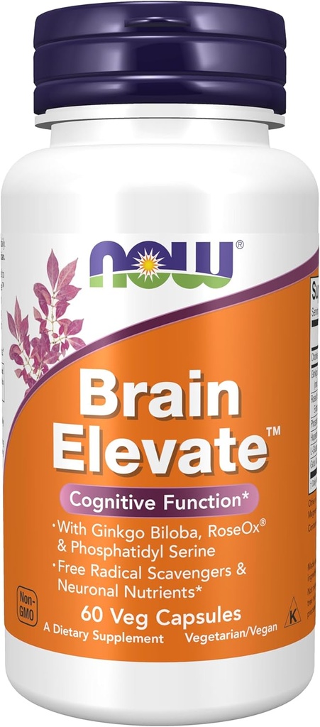 NOW Foods Supplements, Brain Elevate™, Featuring Ginkgo Biloba, RoseOx® and Phosphatidyl Serine, 60 Veg Capsules