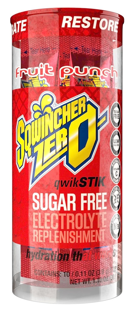Sqwincher Zero Qwik Stik, Punch Φρούτων, Χωρίς ζάχαρη, Χαμηλή θερμίδα, Αντικατάσταση Ηλεκτρολυτών Νάτριου σε σκόνη Μείγμα Ποτού Ενυδάτωσης, .11 oz Packet (πακέτο 200)