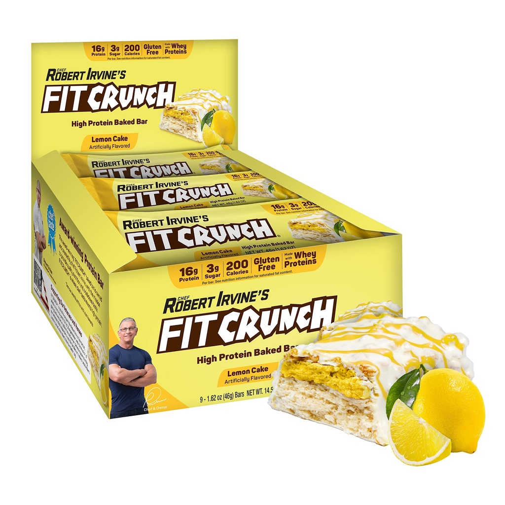 FITCRUNCH Snack Size Protein Bars, 6-Layer Baked Bar, 3g Sugar & Soft Cake Core (9 Bars, Lemon Cake)