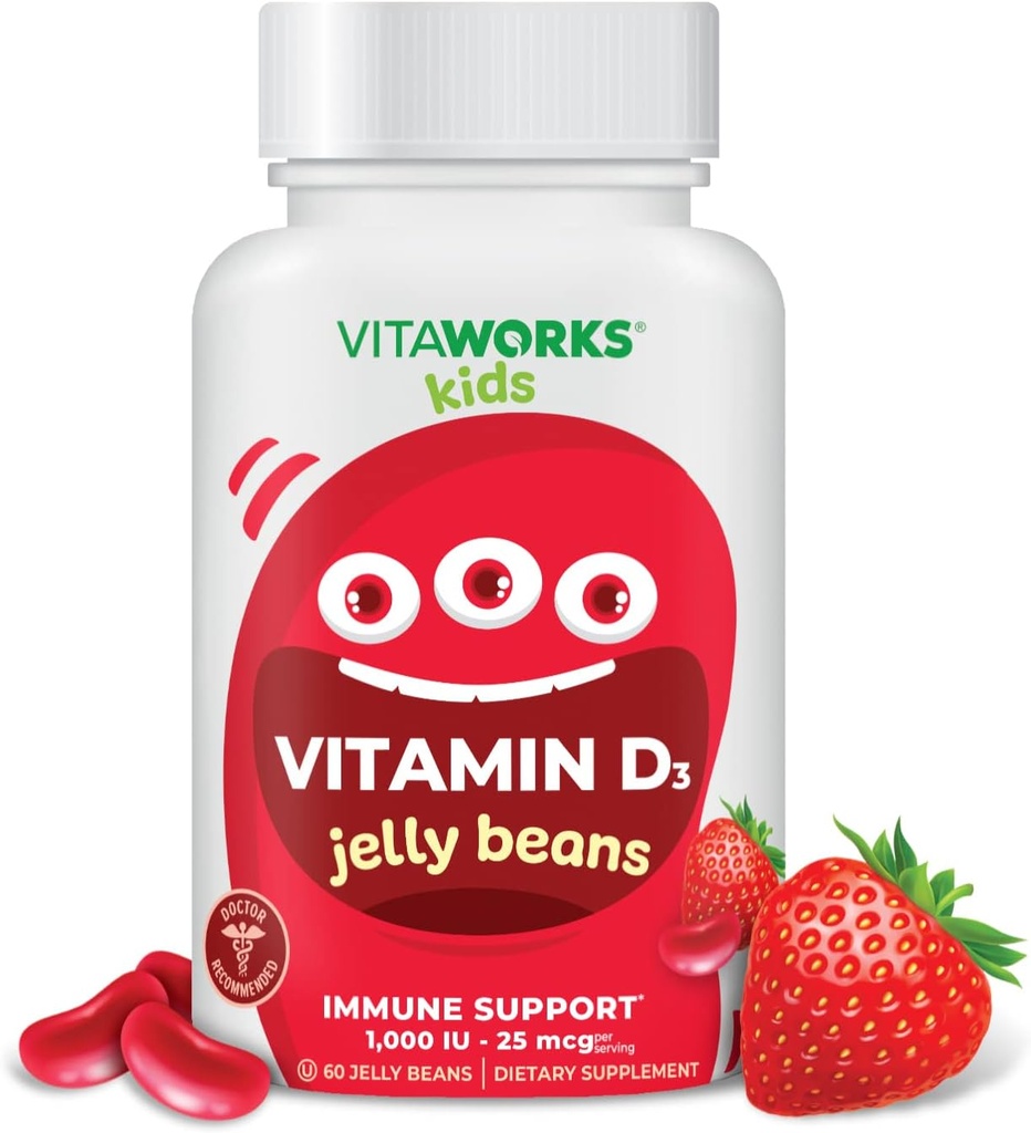 Παιδιά Βιταμίνη D 1000 IU Jelly Beans - Νόστιμο Φυσικό άρωμα φράουλας, χορτοφαγική, GMO-free, χωρίς γλουτένη, χωρίς καρύδες Βιταμίνες - Συμπλήρωμα διατροφής για ανοσοποιητική υποστήριξη - για παιδιά - 60 ζελέ