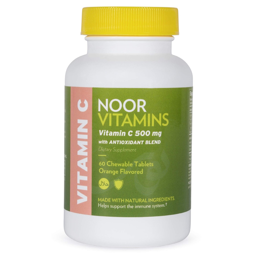 Noor Vitamins 500 MG Halal Vitamin C Μασώμενα δισκία + Rose HIPS και Αντιοξειδωτικά Υποστηρίζω το ανοσοποιητικό σύστημα I Vegan, Gluten Free & Haal Vitamin 60 Orange Flavored Chewable Tablets I 2 Μήνες Προσφορά