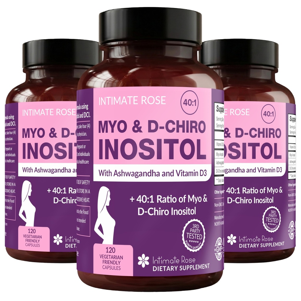 Intimate Rose Myo-Inositol & D-Chiro Inositol Blend - 40:1 αναλογία ανάμειξης - Γυναικεία καθημερινή υποστήριξη ευεξίας - βιταμίνη D & Ashwagandha, 3 μπουκάλια