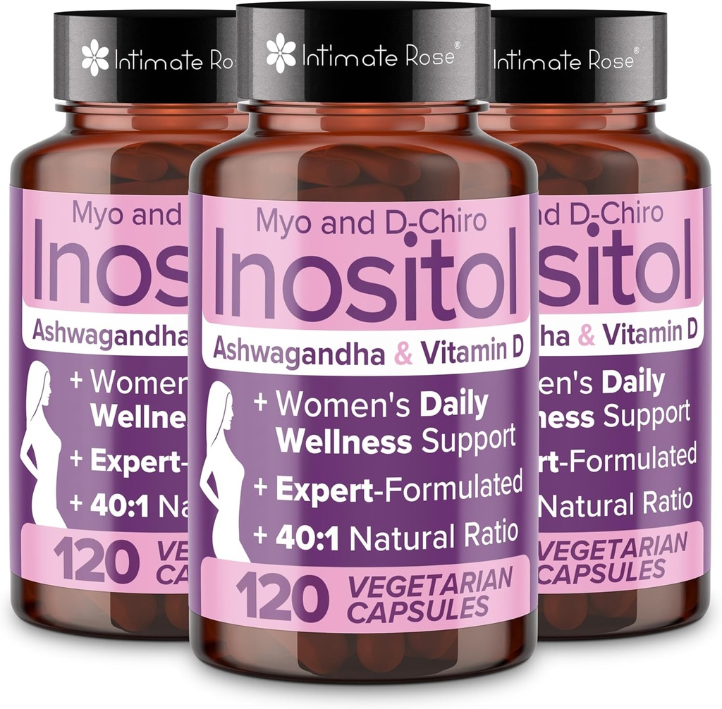 Intimate Rose Myo-Inositol & D-Chiro Inositol Blend - 40:1 αναλογία ανάμειξης - Γυναικεία καθημερινή υποστήριξη ευεξίας - βιταμίνη D & Ashwagandha, 3 μπουκάλια