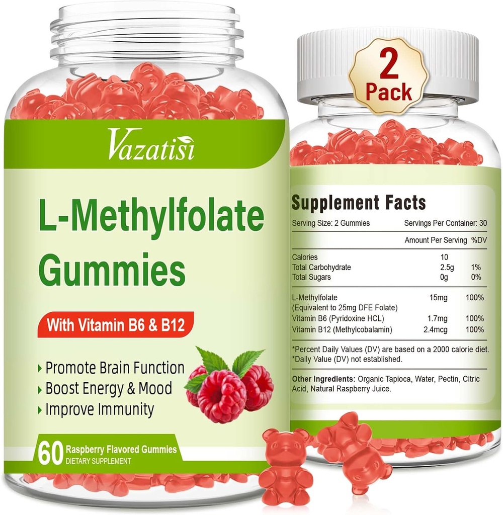 L- Methylfolate 15 mg Gummies with Methyl B12, Folate Supplement for Mood, Brain Health, Immune Support, Raspberry Flavor, 120 Count