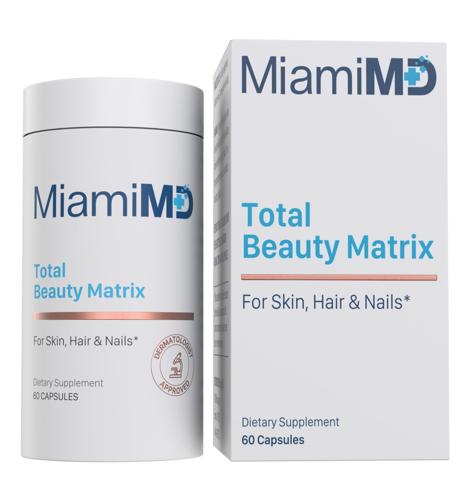 MiamiMD Total Beauty Matrix Collagen Συμπληρώματα για γυναίκες - κάψουλες κολλαγόνου με βιταμίνη C για τα μαλλιά, το δέρμα και τα νύχια - Σκληρό δωρεάν - 60 κάψουλες