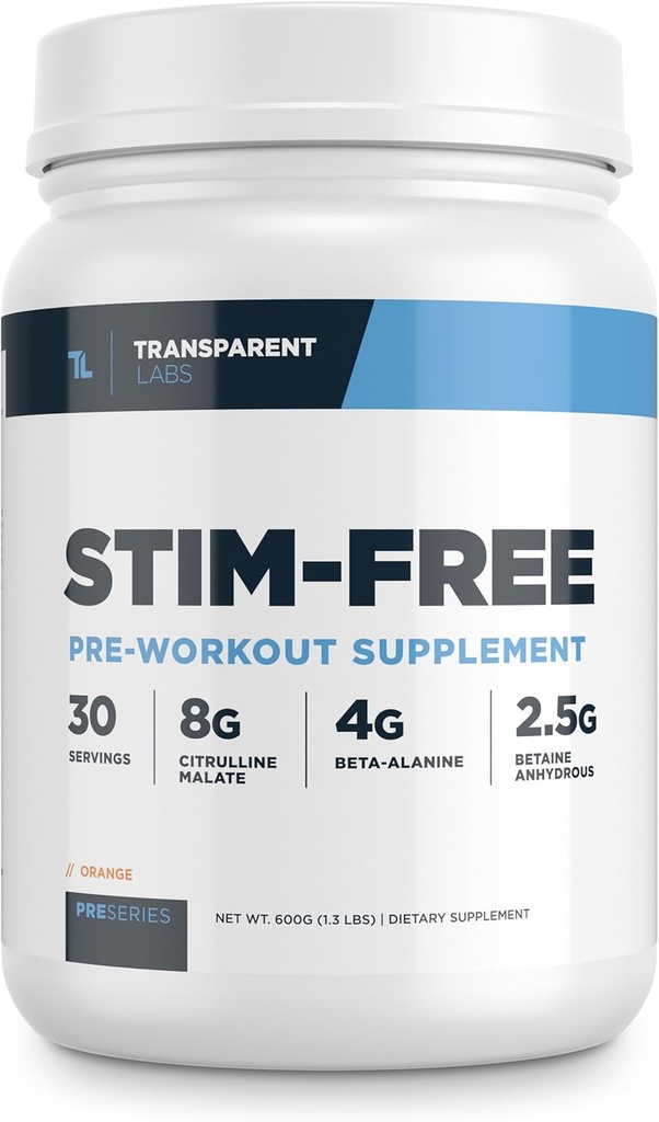 Διαφανή Εργαστήρια Stim-Free Προ-Εργασία - Καφεΐνη & Stim Δωρεάν Προ προπόνηση σε σκόνη για άνδρες και γυναίκες με Beta Alanine σκόνη, Citrulline Malate, & elevATP - 30 εξυπηρετούν, Πορτοκαλί