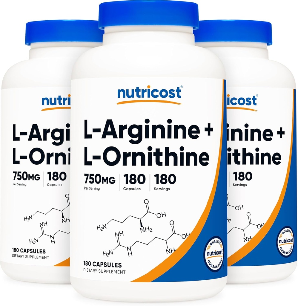 Nutricost L-αργινίνη L-Ορνιθίνη 750mg; 180 Κάψουλες (3 φιάλες)