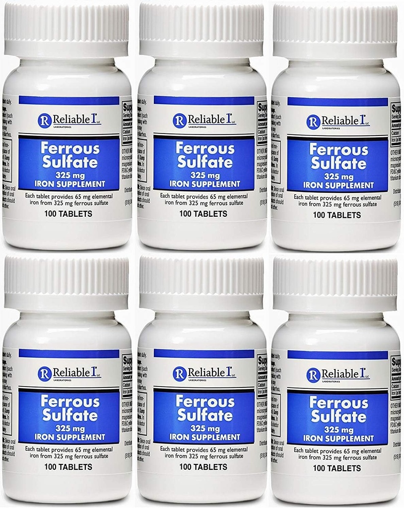 Ferrous Sulfate Iron 325 mg Generic for Feosol 100 Tablets PACK of 6