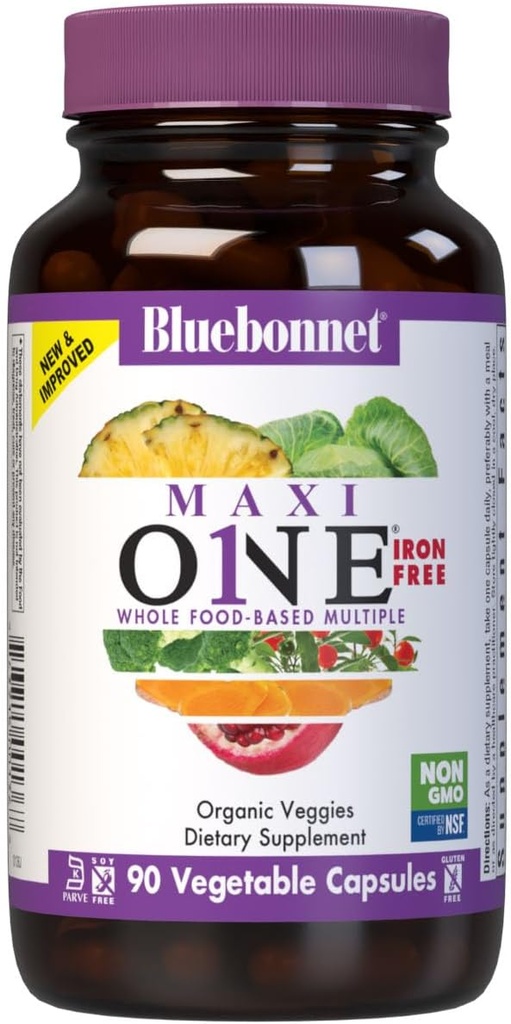 Bluebonnet Nutrition Maxi One (Δωρεάν από Iron), Πλήρης διατροφή Πολλαπλά, Ένζυμα, Ενέργεια, Ζωτικότητα, Γλουτένη, Χωρίς Σόγια & Πράσινο, Kosher, Φιλικός χορτοφάγος, Μη ΓΤΟ, 90 Count