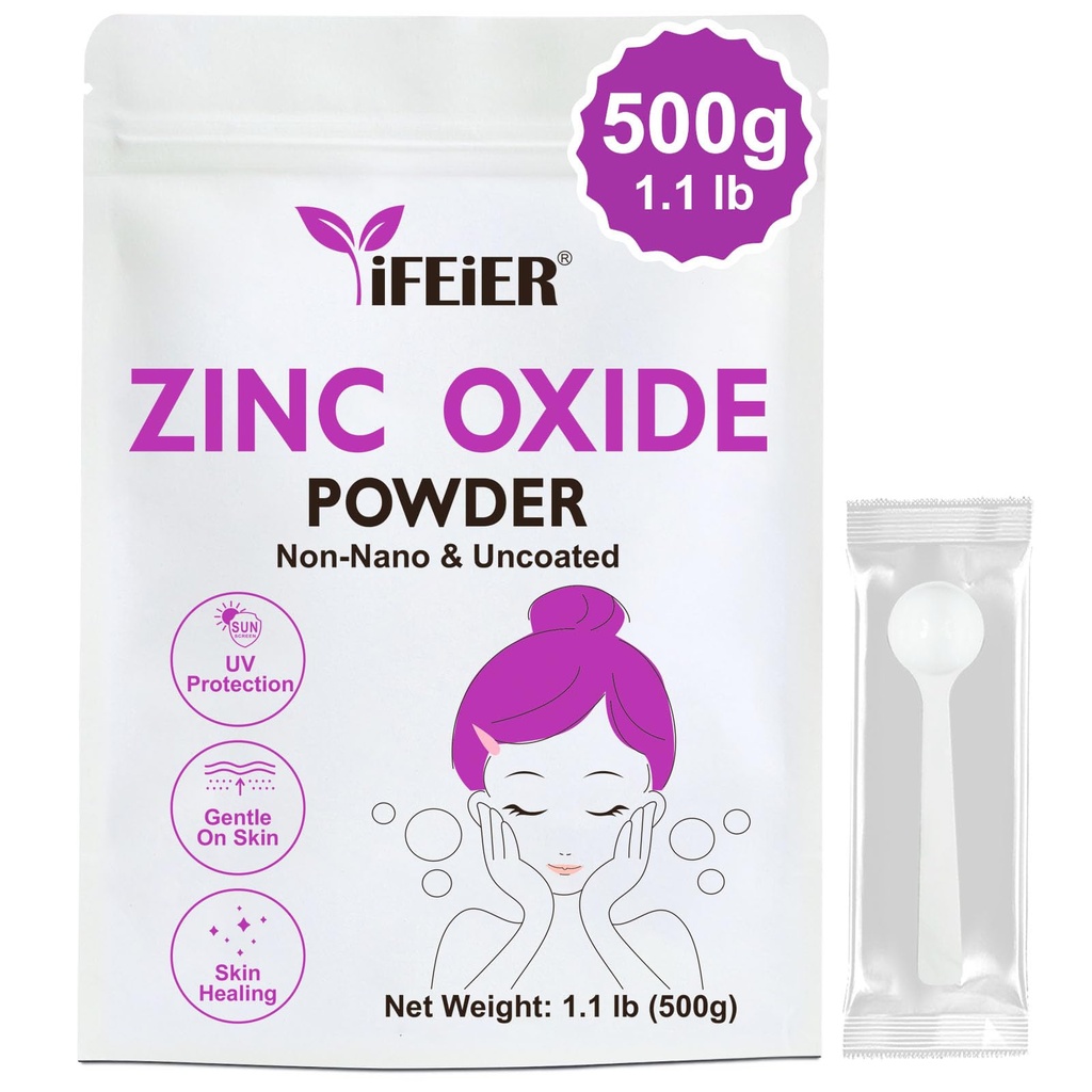 iFEiER Zinc Oxide Powder | 500g(1.1 lb) 100% Pure Non Nano Uncoted Zinc Oxide Powder for Skin Protection | Cosmetics Grade Ideal for DIY Sunscreen, Lotion, Deodorant, and Skincare