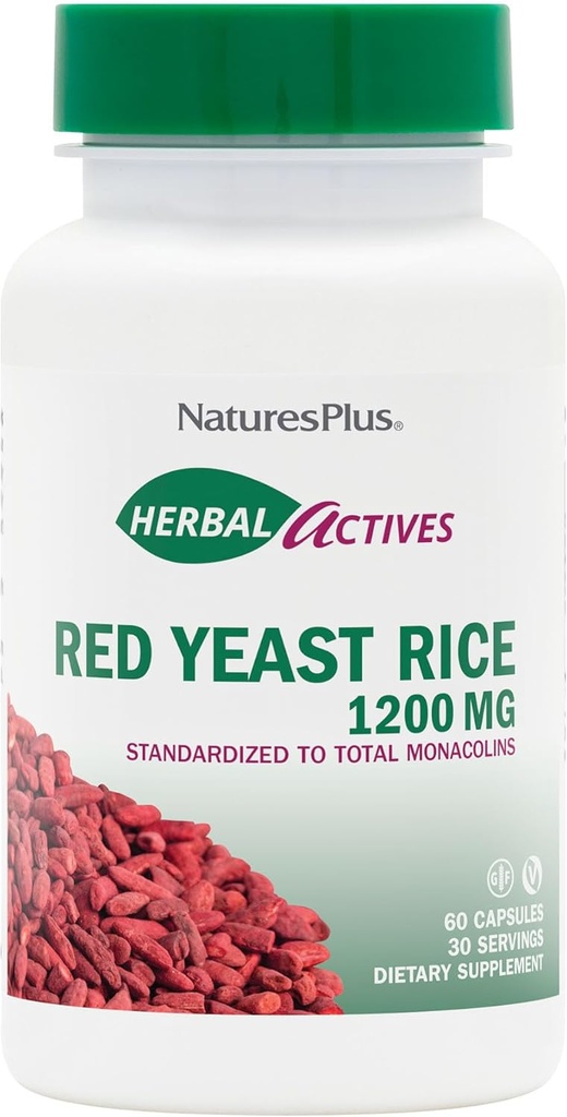 NaturesPlus Herbal Actives Red Yeast Rice 1200 mg - 60 Κάψουλες - Μη ΓΤΟ, Vegan, Gluten Free - 30 Σερβιέτες