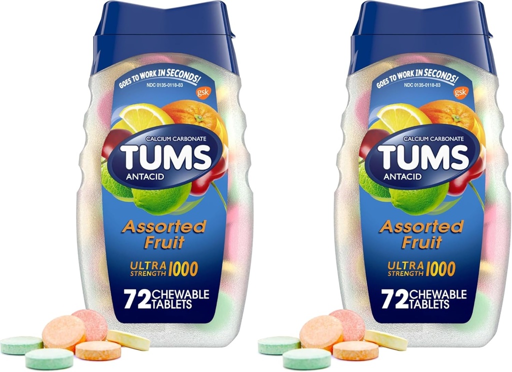 TUMS Αντιόξινα Μασώμενα δισκία για ανακούφιση από εγκαύματα, Ultra Strength, Ποικιλία Φρούτων, 72 δισκία (πακέτο των 2)