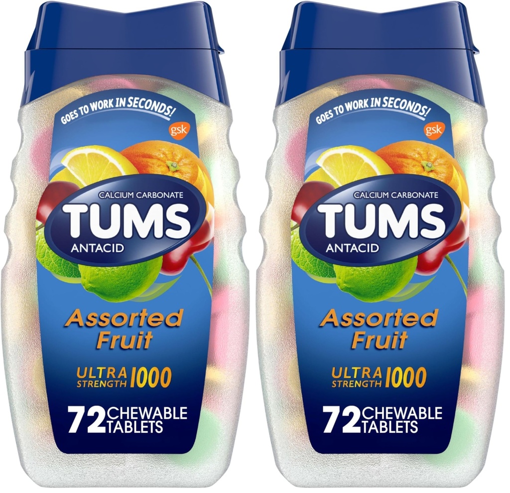 TUMS Αντιόξινα Μασώμενα δισκία για ανακούφιση από εγκαύματα, Ultra Strength, Ποικιλία Φρούτων, 72 δισκία (πακέτο των 2)